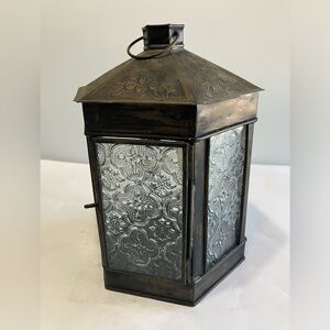 Vintage Moroccan Style Lantern With Embossed Glass Panels Hexagon Shaped Rustic